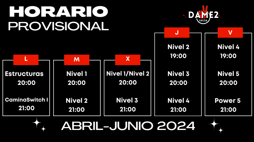 Horario provisional Dame2Salsa Salsa Cubana en Madrid - Abril 2024