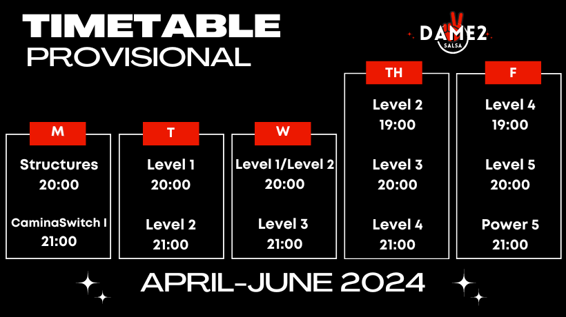 Tentative Schedule Dame2Salsa Cuban Salsa in Madrid - Spring 2024