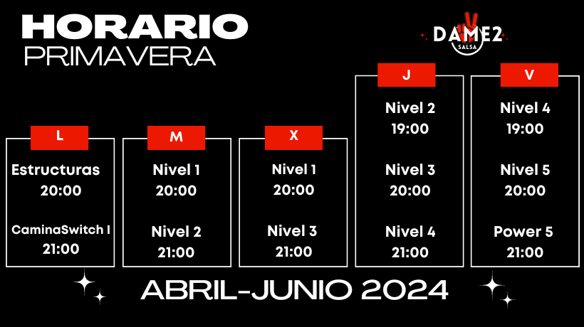 Horario Dame2Salsa - Salsa Cubana en Madrid - Abril 2024