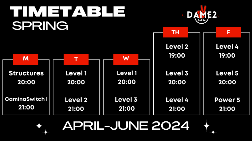Schedule Dame2Salsa Cuban Salsa in Madrid - Spring 2024