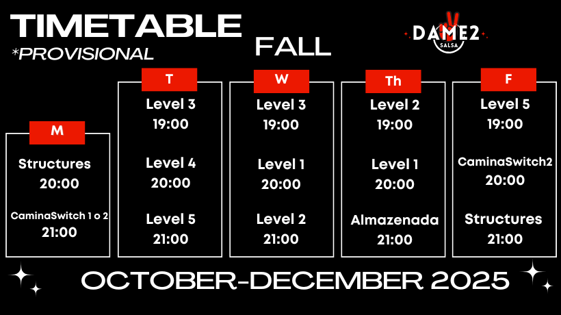 Schedule Dame2Salsa Cuban Salsa in Madrid - Fall 2025