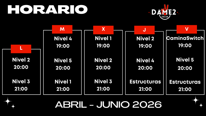 Horarios Dame2Salsa Salsa Cubana en Madrid - Abril 2026
