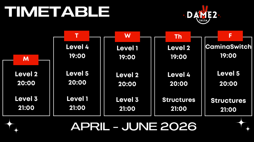 Schedule Dame2Salsa Cuban Salsa in Madrid - Apr-Jun 2026