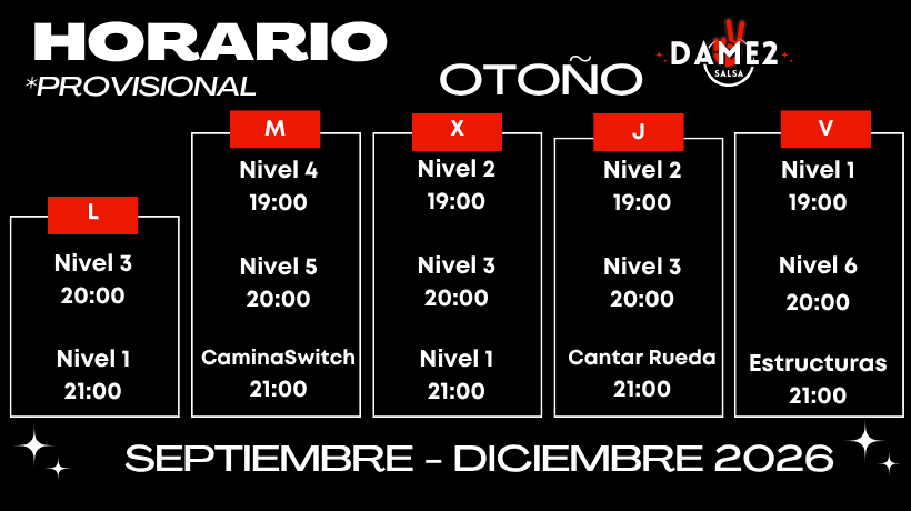 Horarios Dame2Salsa Salsa Cubana en Madrid - Otoño 2026