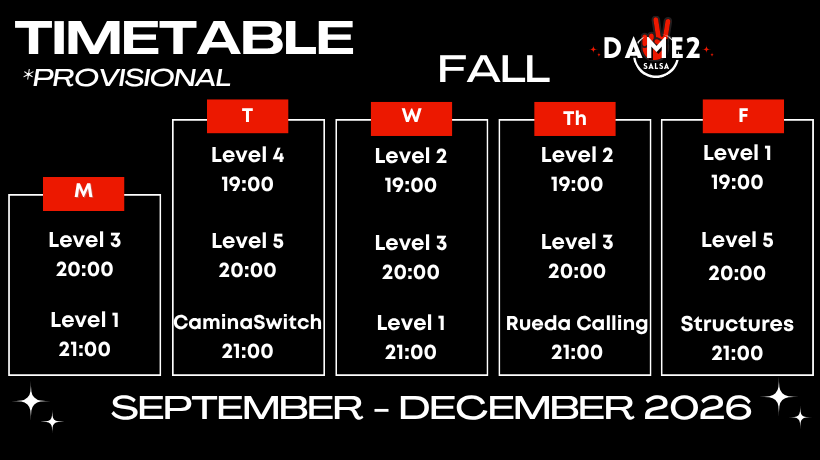Schedule Dame2Salsa Cuban Salsa in Madrid - Fall 2026