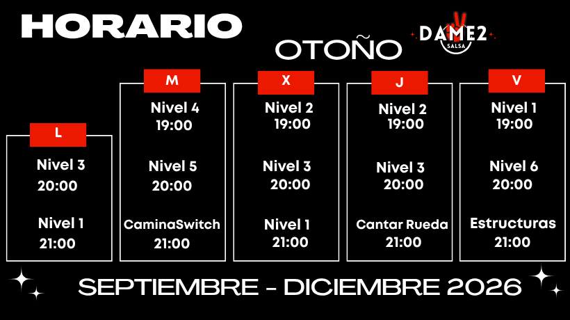 Horarios Dame2Salsa Salsa Cubana en Madrid - Otoño 2026