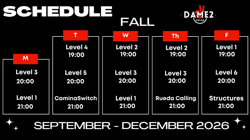 Schedule Dame2Salsa Cuban Salsa in Madrid - Fall 2026